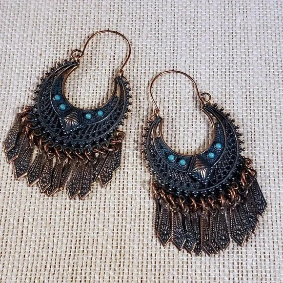 Antique Copper Verdigris Blue Green Patina Edgy Geometric Dangles Earrings - Picture 7 of 8